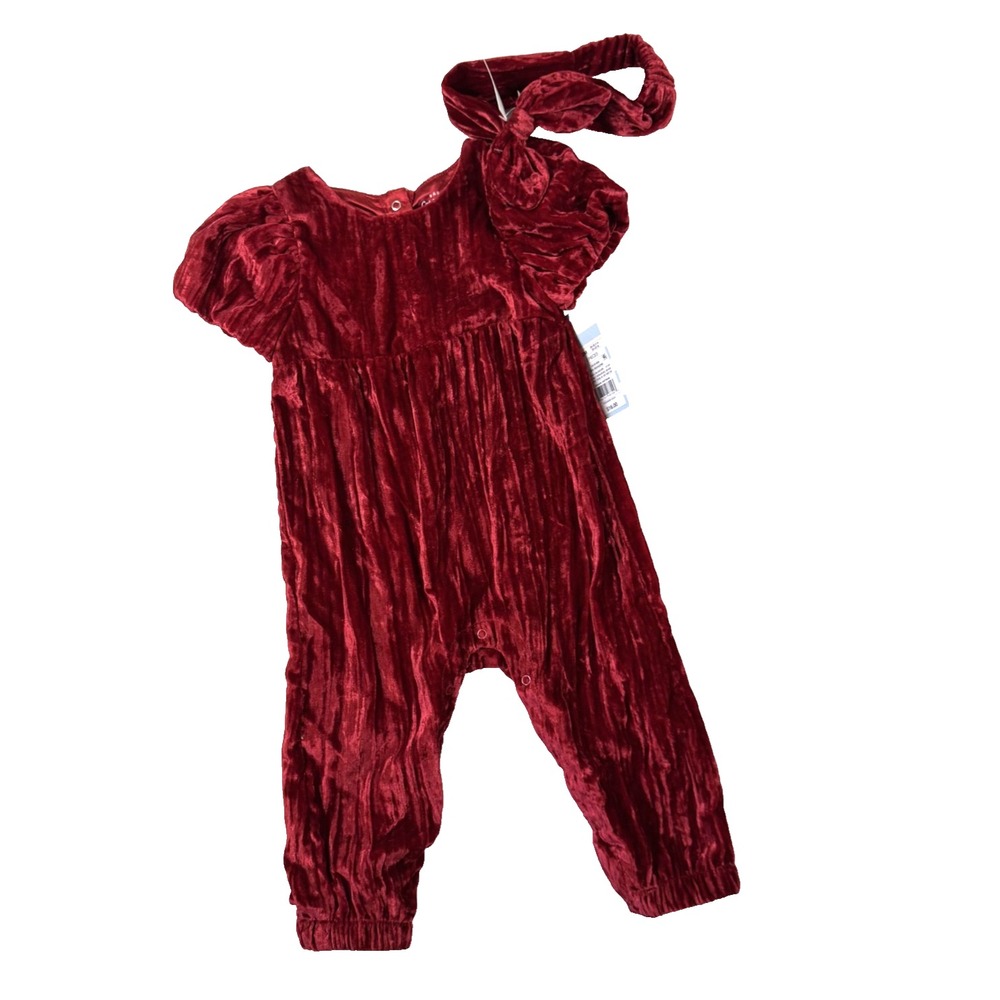 Cat & Jack Romper Set Baby 12M Red NWT Festive Velvet Christmas Headband